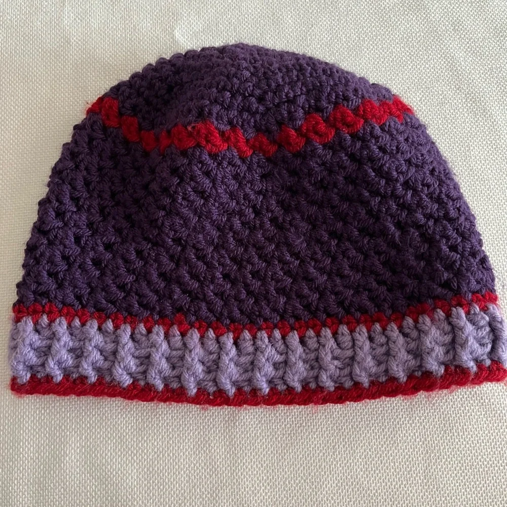 Purple and Red Crochet Beanie with Pink Accents